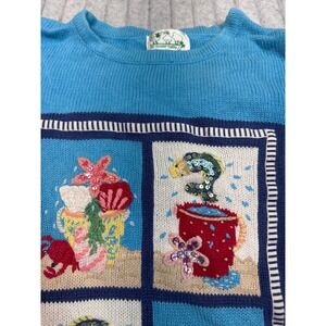 The Quacker Factory Blue Nautical Beach Sequin Embroidered Sweater Womens L